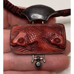 Camenae JLP Red Carved Bone Cinnabar KOI Fish Silver Signed Necklace Silk 18"